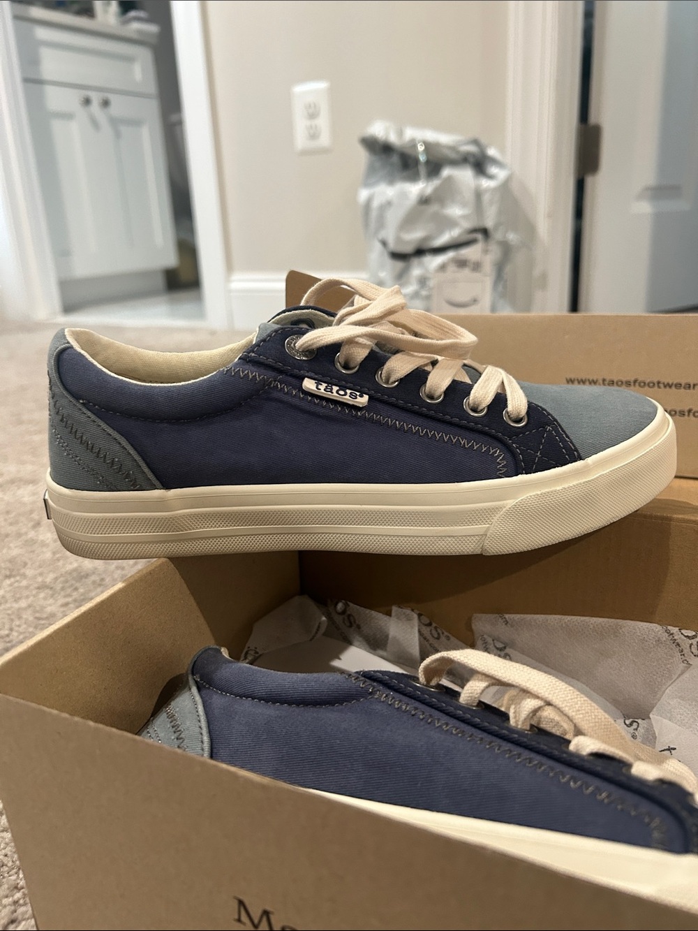 Taos Footwear navy blue, denim, and light gray sneakers